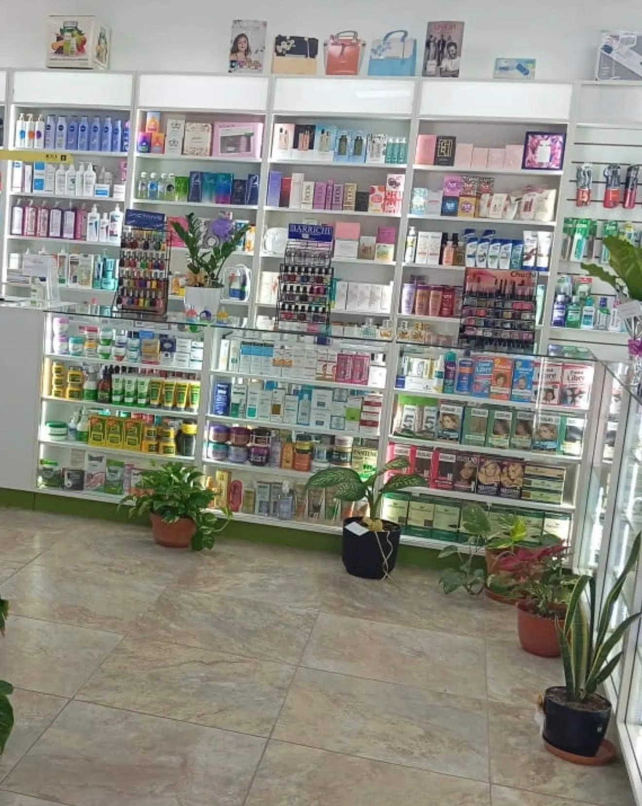 Estanterías de cuidado del cabello y cosmética totalmente repuestas en el salón de venta.