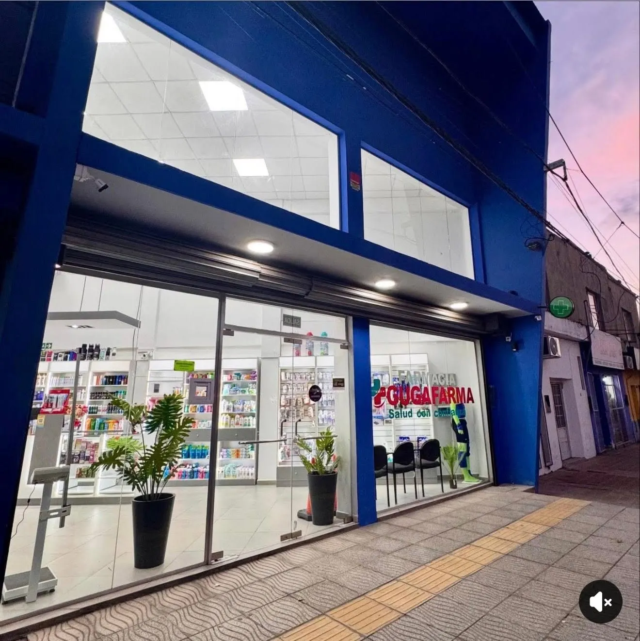Fachada de Farmacia Gugafarma con frente celeste, vidriera iluminada y cartel institucional.