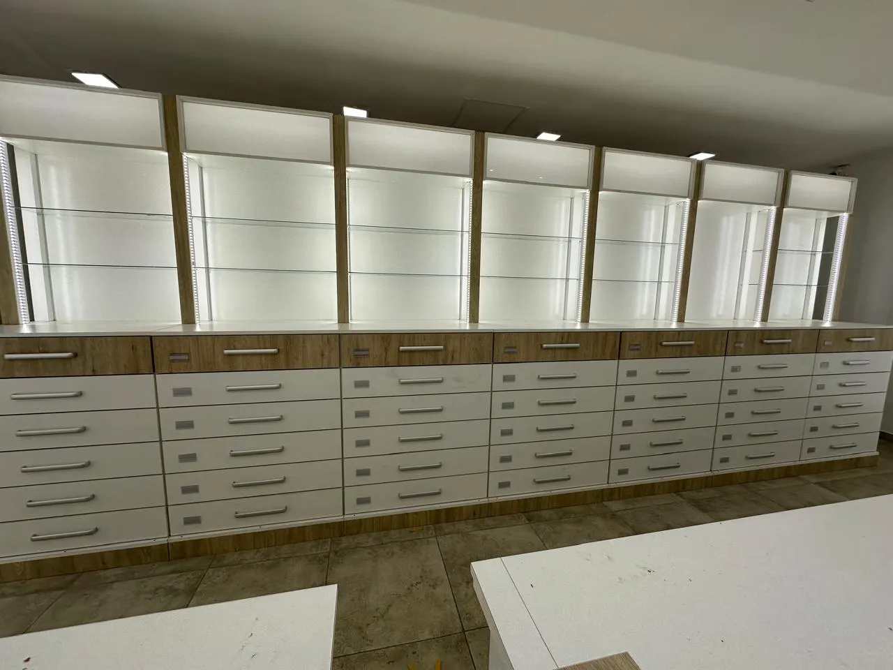 Mostradores con tapa de vidrio y estantería vidriada e iluminada en el sector de venta.