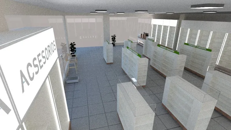 Render 3D en vista aérea de una farmacia amplia en Iguazú, con góndolas centrales y línea de mostradores.