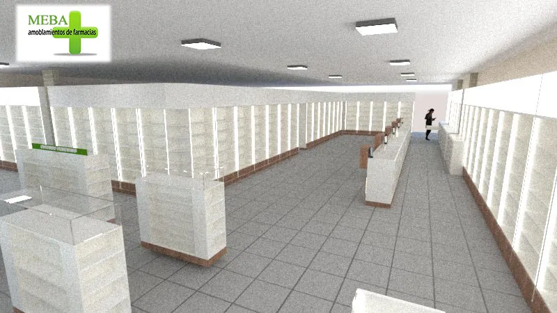 Render 3D del salón de venta de una farmacia en Iguazú, con estanterías perimetrales iluminadas.