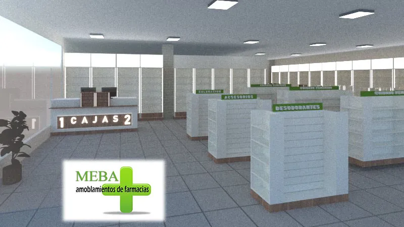 Render 3D del sector de cajas y las góndolas de perfumería de una farmacia en Iguazú.