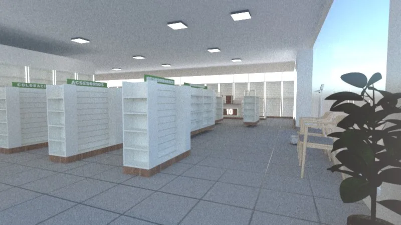 Render 3D de las góndolas centrales con cartelería de una farmacia en Iguazú.