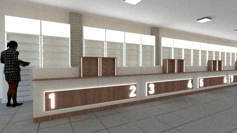 Render 3D de los puestos de atención numerados de una farmacia en Iguazú.