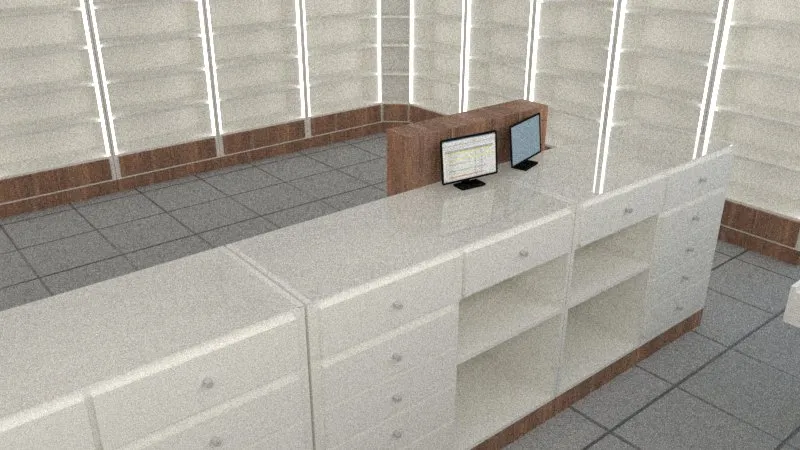 Render 3D del detalle de un mostrador de atención con cajoneras de una farmacia en Iguazú.