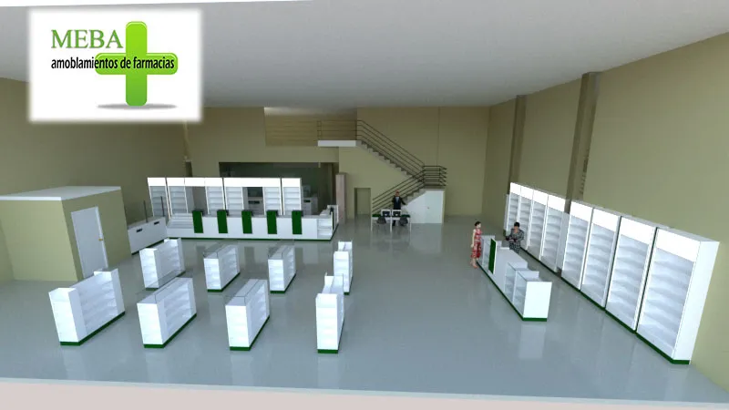Render 3D de una farmacia en San Juan: salón con líneas de venta, sector de cajas y escalera al entrepiso.