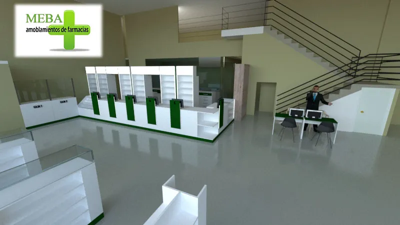 Render 3D del sector de atención de una farmacia en San Juan, con puestos numerados y estantería alta.