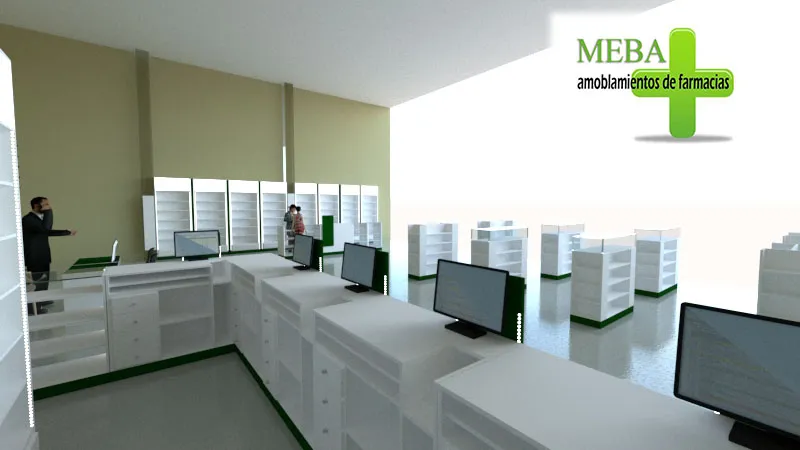 Render 3D de la línea de puestos de atención con computadoras de una farmacia en San Juan.