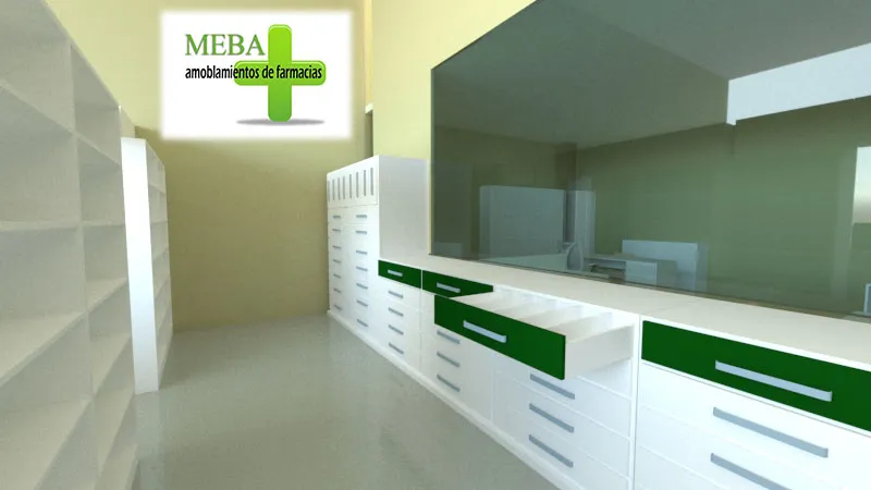 Render 3D del sector de recetario con cajoneras en blanco y verde de una farmacia en San Juan.