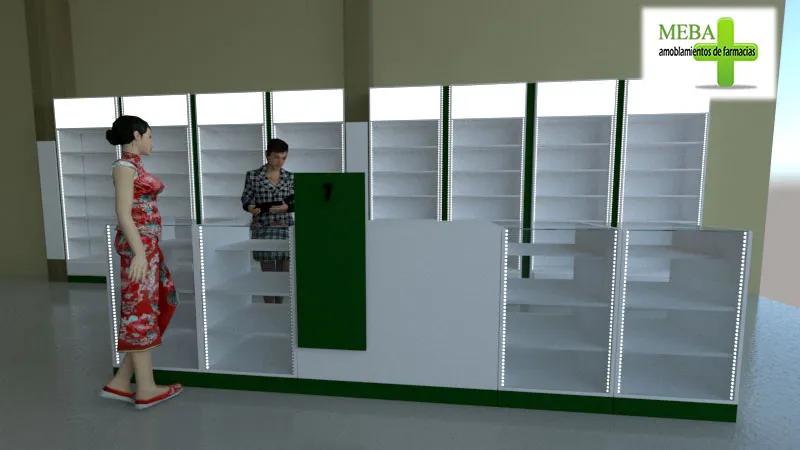 Render 3D de la estantería perimetral y el mostrador de una farmacia en San Juan.